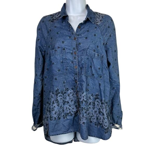 Free people Dottie Over You Floral Chambray Denim Plaid Button Front Top Shirt S - Picture 1 of 7